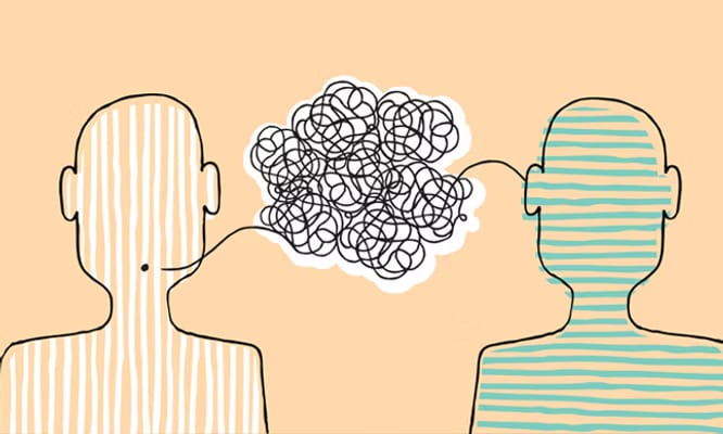 Ilustração de duas cabeças e um emaranhado que representa a dificuldade de comunicação